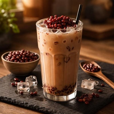 Milk tea with red beans and ice