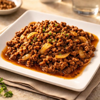Minced beef with onions in sauce