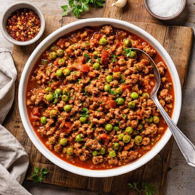 Minced meat with tomato sauce and peas