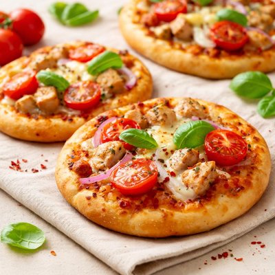 Mini pizza with chicken and tomato