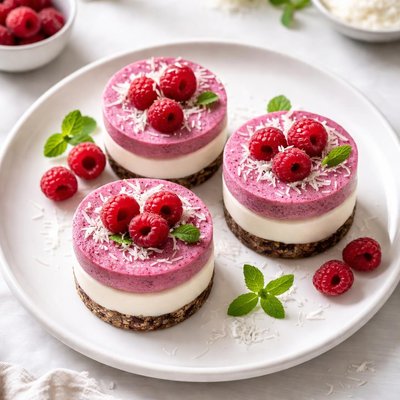 Mini raspberry coconut raw cake