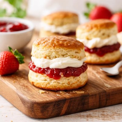 Mini scone with cream and strawberry jam