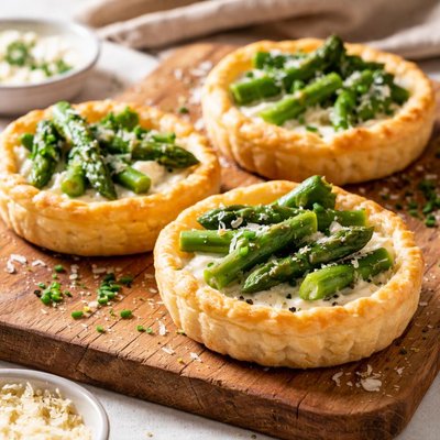 Mini tart with asparagus and cream sauce