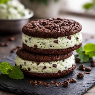 Mint chocolate chip ice cream sandwich