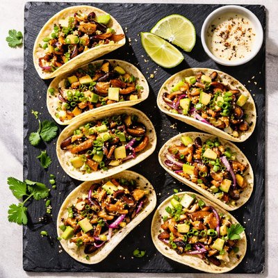 Miso glazed mushroom and cabbage mini tacos