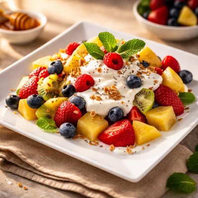 Mixed fruit salad with yoghurt