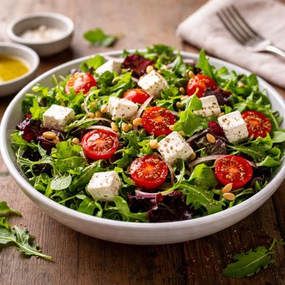 Mixed green salad with cherry tomatoes and feta