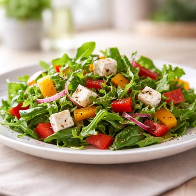 Mixed green salad with feta cheese and bell peppers