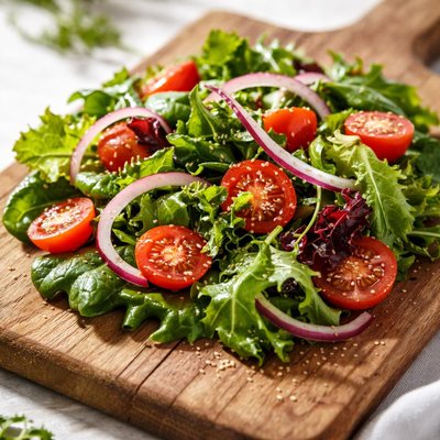 Mixed green salad with tomatoes and red onions