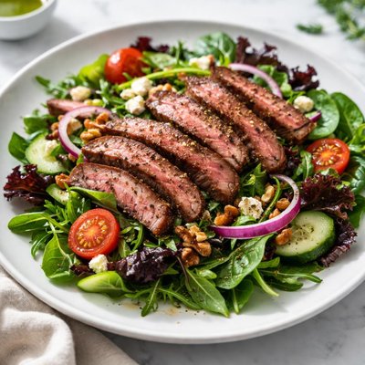 Mixed greens salad with steak