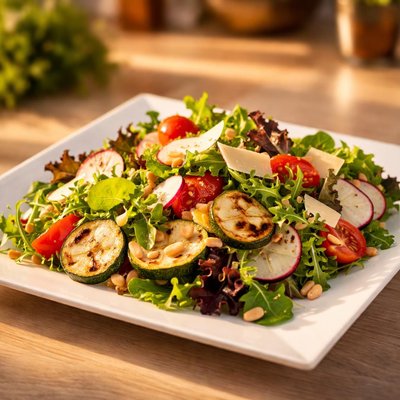 Mixed salad with zucchini and cheese
