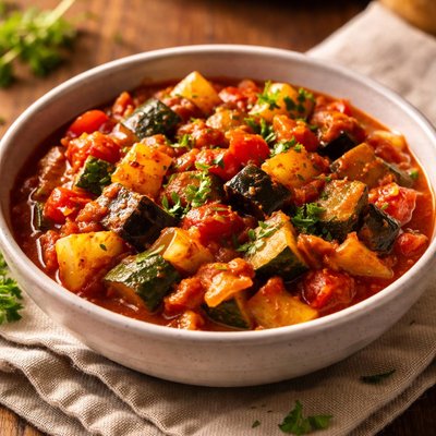 Mixed vegetables cooked in tomato sauce