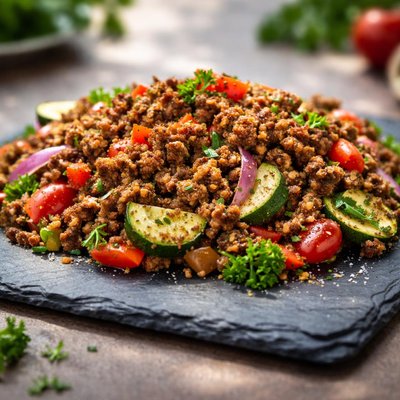 Mock ground lamb and vegetables