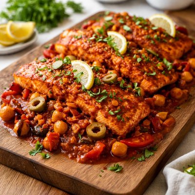 Moroccan salmon in a red sauce