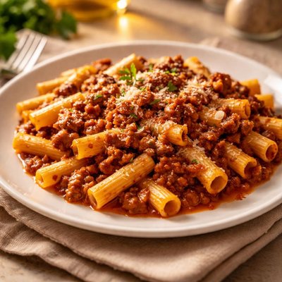 Mostaccioli with meat sauce