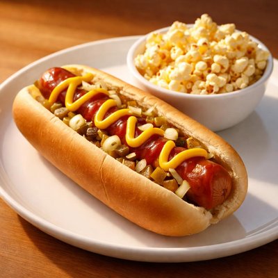 Perro caliente de cine y palomitas pequeñas