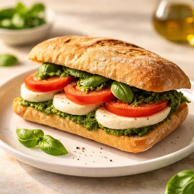 Mozarella tomato and bsail pesto sandwich