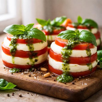 Mozarella tomatoe and bsail pesto