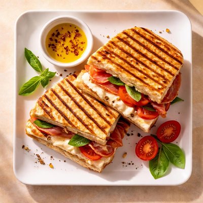 Mozzarella prosciutto and tomato panini
