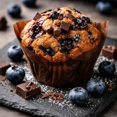 Muffin with chocolate and blueberry