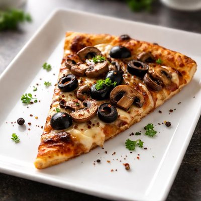 Mushroom and olive pizza slice