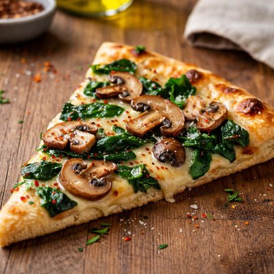 Mushroom and spinach pizza slice