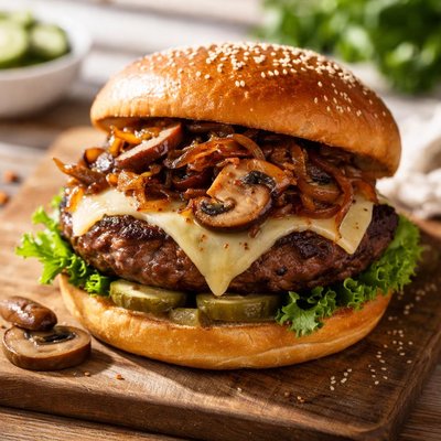 Mushroom caramelized onions swiss cheese burger