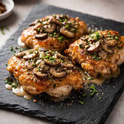 Muslos de pollo con champiñones.