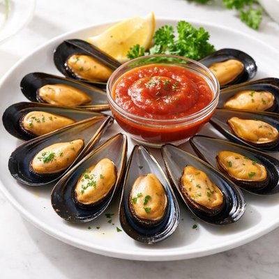 Mussels with cocktail sauce