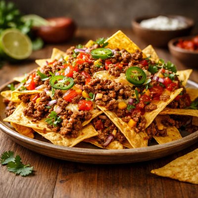 Nachos with beef and vegetables