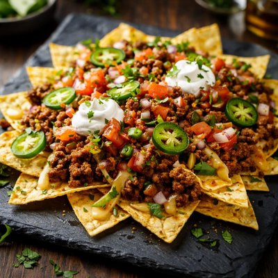 Nachos with ground beef and pico de gallo