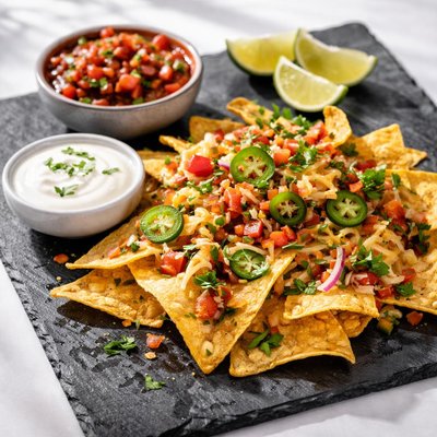 Nachos with salsa and sour cream