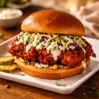 Sándwich de pollo Nashville con queso azul en pan brioche