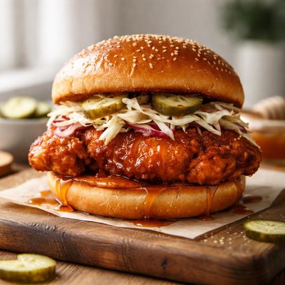 Nashville hot honey fried chicken sandwich