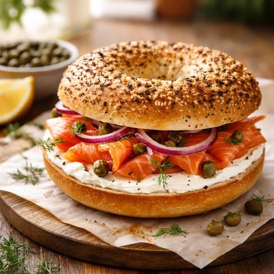 New york bagel lox and cream cheese on an everything bagel