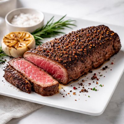 New york strip rare steak with steak spice