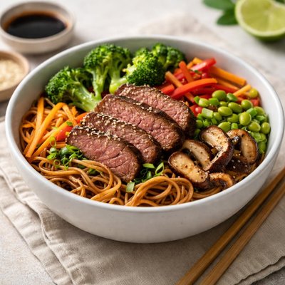 面条碗配蔬菜和肉