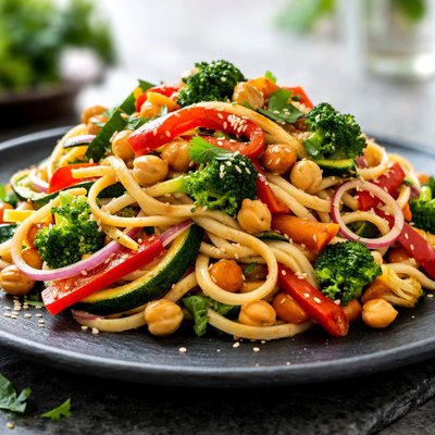 Plato de fideos con verduras y garbanzos