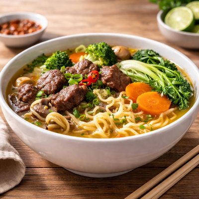 Sopa de fideos con verduras y carne