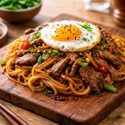 Noodles with egg and beef