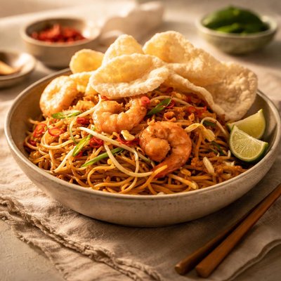 Noodles with prawn crackers