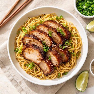 Noodles with roasted pork and green onions
