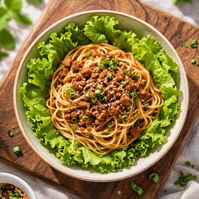 Noodles with sauce and lettuce