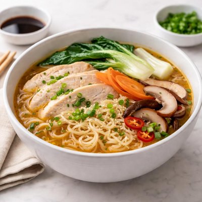 Noodles with soup and vegetables