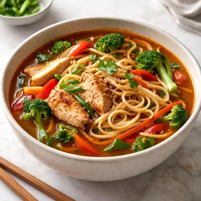 Noodles with vegetables and chicken and tomato broth