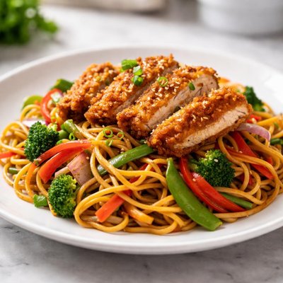 Noodles with vegetables and fried chicken