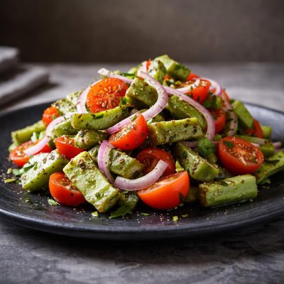 仙人掌沙拉，番茄、洋葱和橄榄油