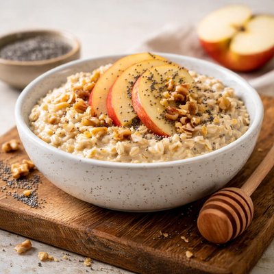 Avena con semillas de chía y rodajas de manzana