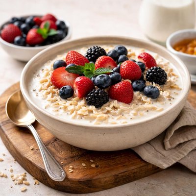 Oatmeal with milk and mixed berries