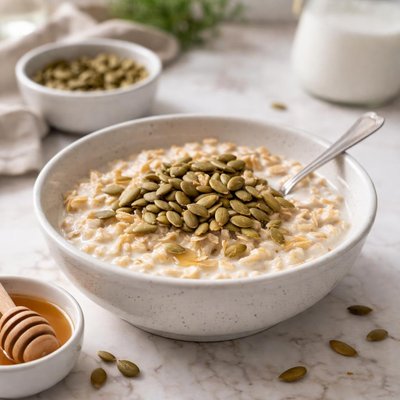 Oatmeal with milk and pumpkin seeds